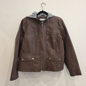 Classic Brown Leather Jacket with Gray Hood